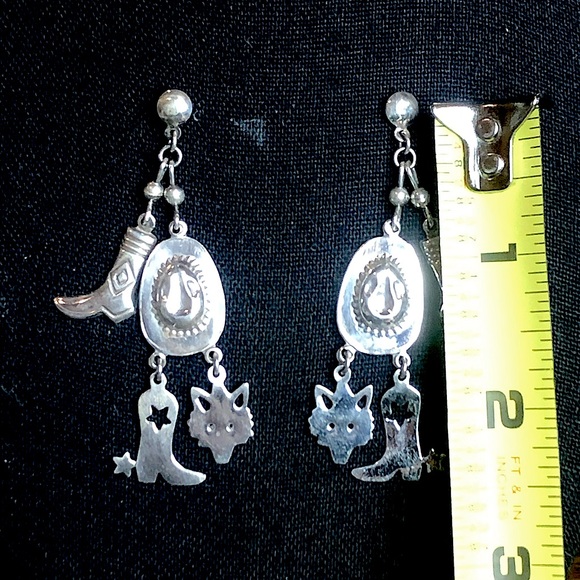 Vintage Sterling Silver Western Drop Dangle Hat Boots Spurs Coyote Post Earrings - Picture 5 of 10